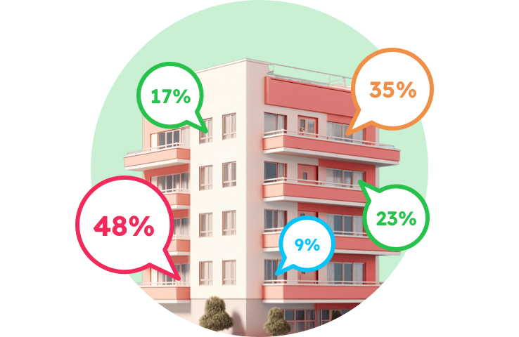 Bloque de viviendas con diálogos hablando sobre descuentos